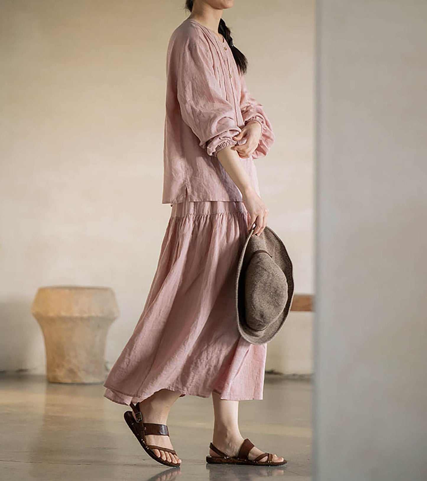 edoa Elastic Waist Linen Tiered Skirt 