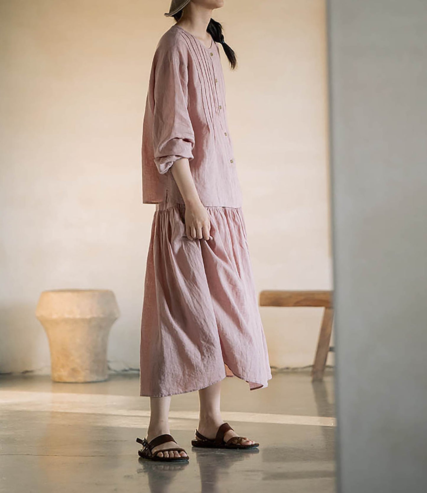 edoa Elastic Waist Linen Tiered Skirt 