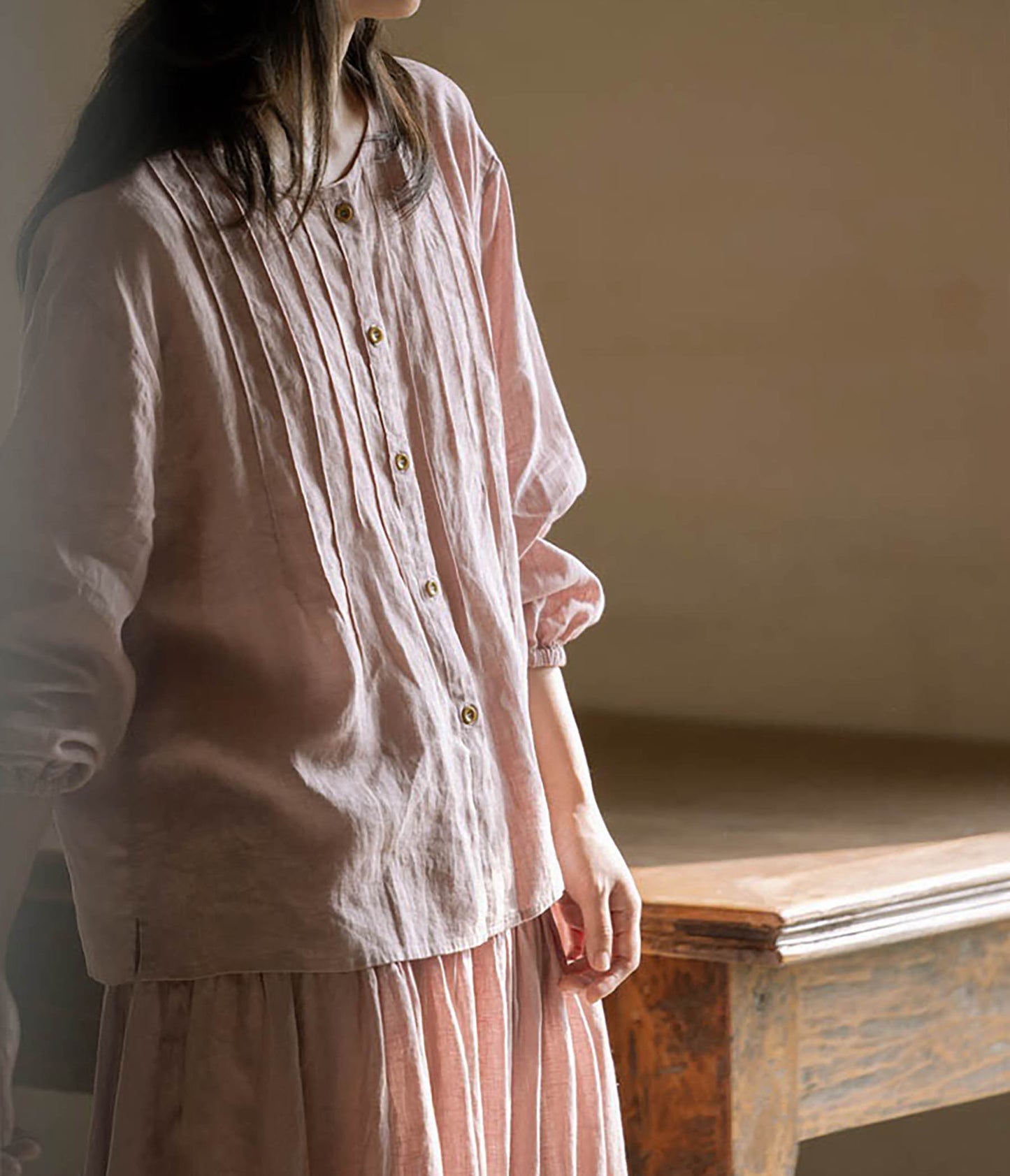 Flax Linen Artist Blouse with Elastic Cuff bl0035 O108