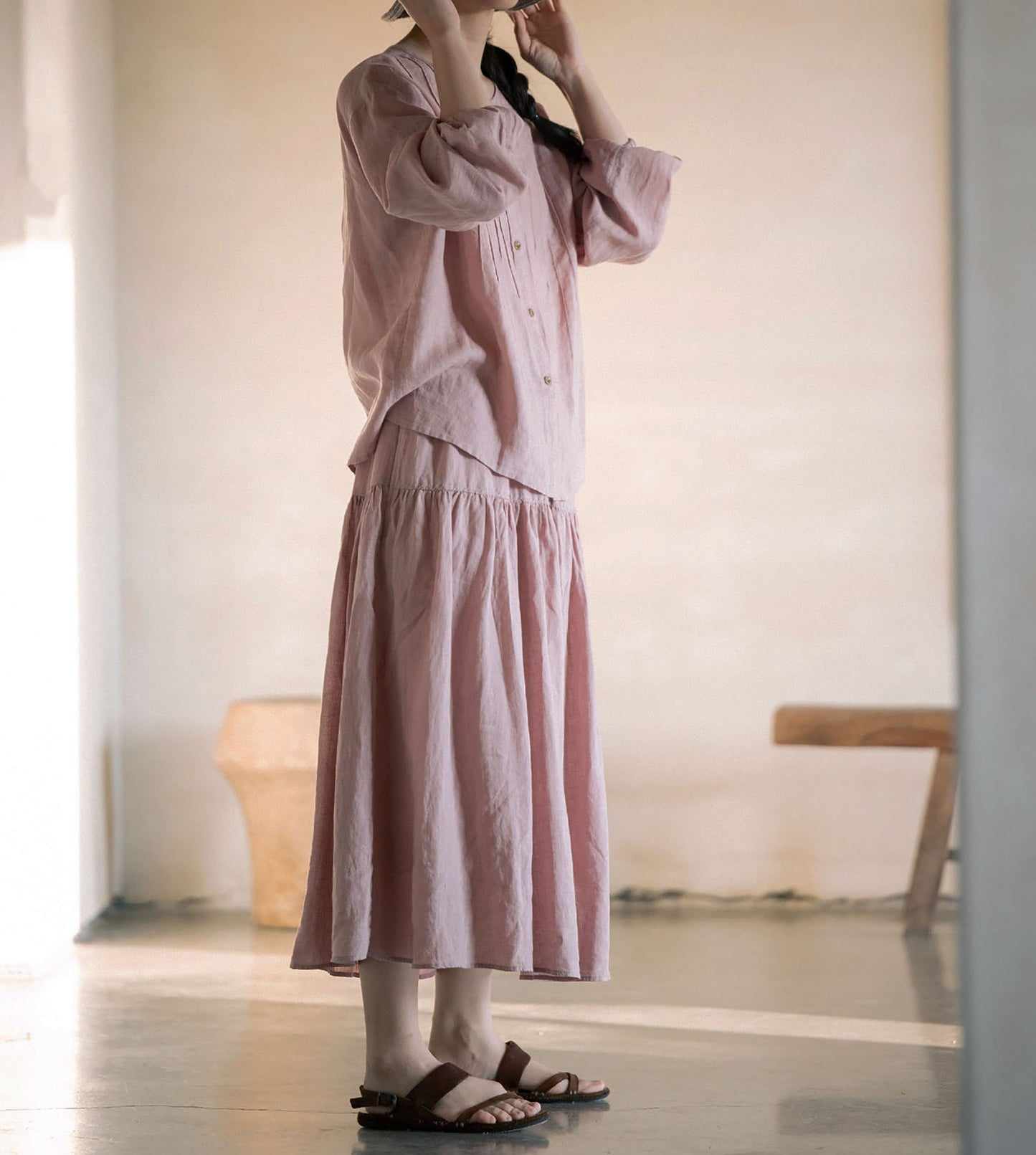 edoa Elastic Waist Linen Tiered Skirt 