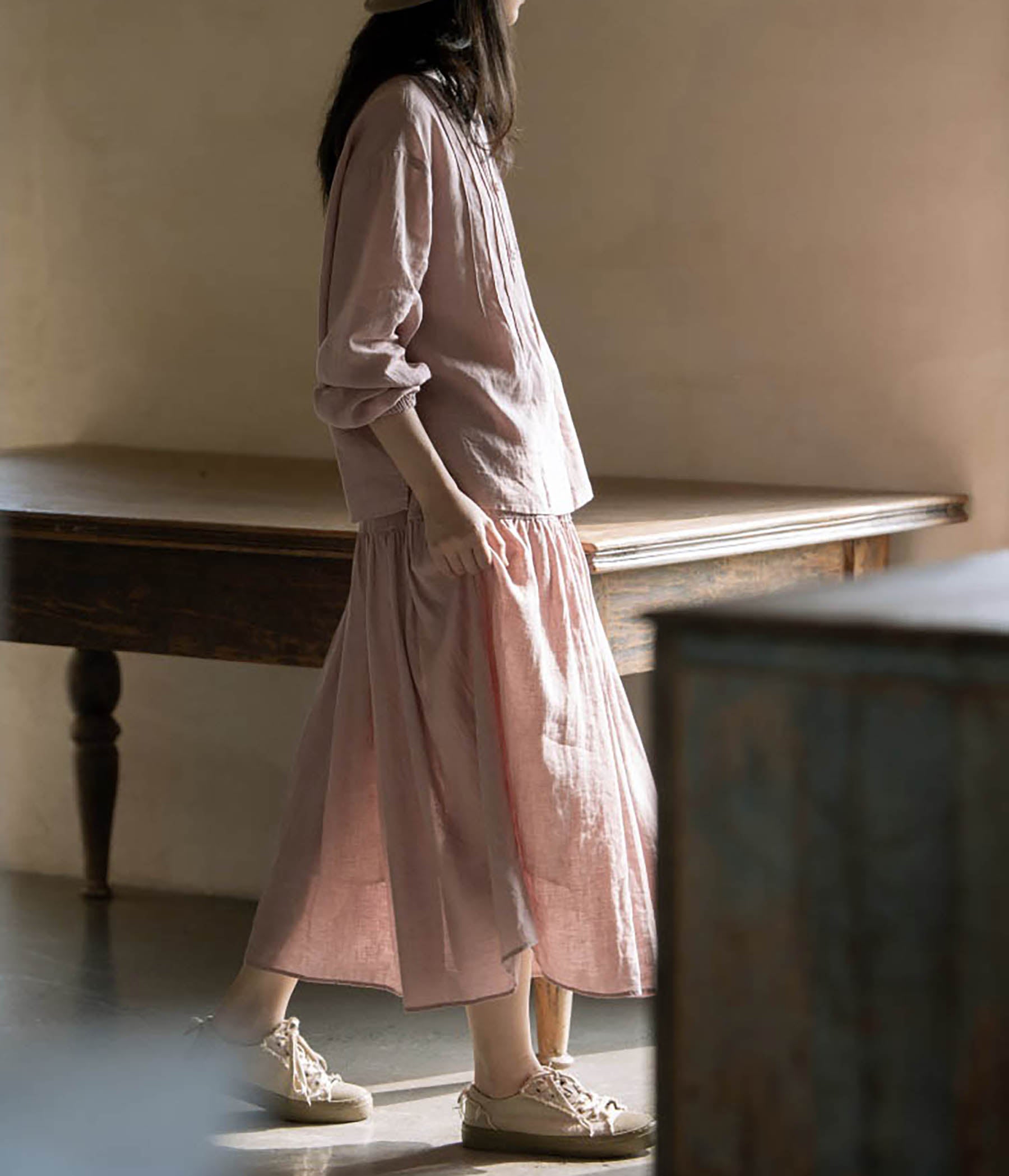 edoa Elastic Waist Linen Tiered Skirt 