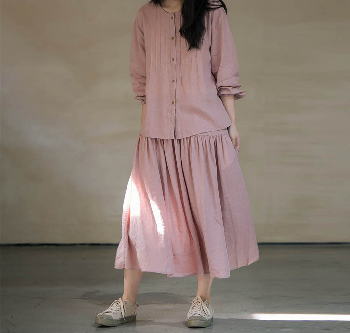edoa Elastic Waist Linen Tiered Skirt 