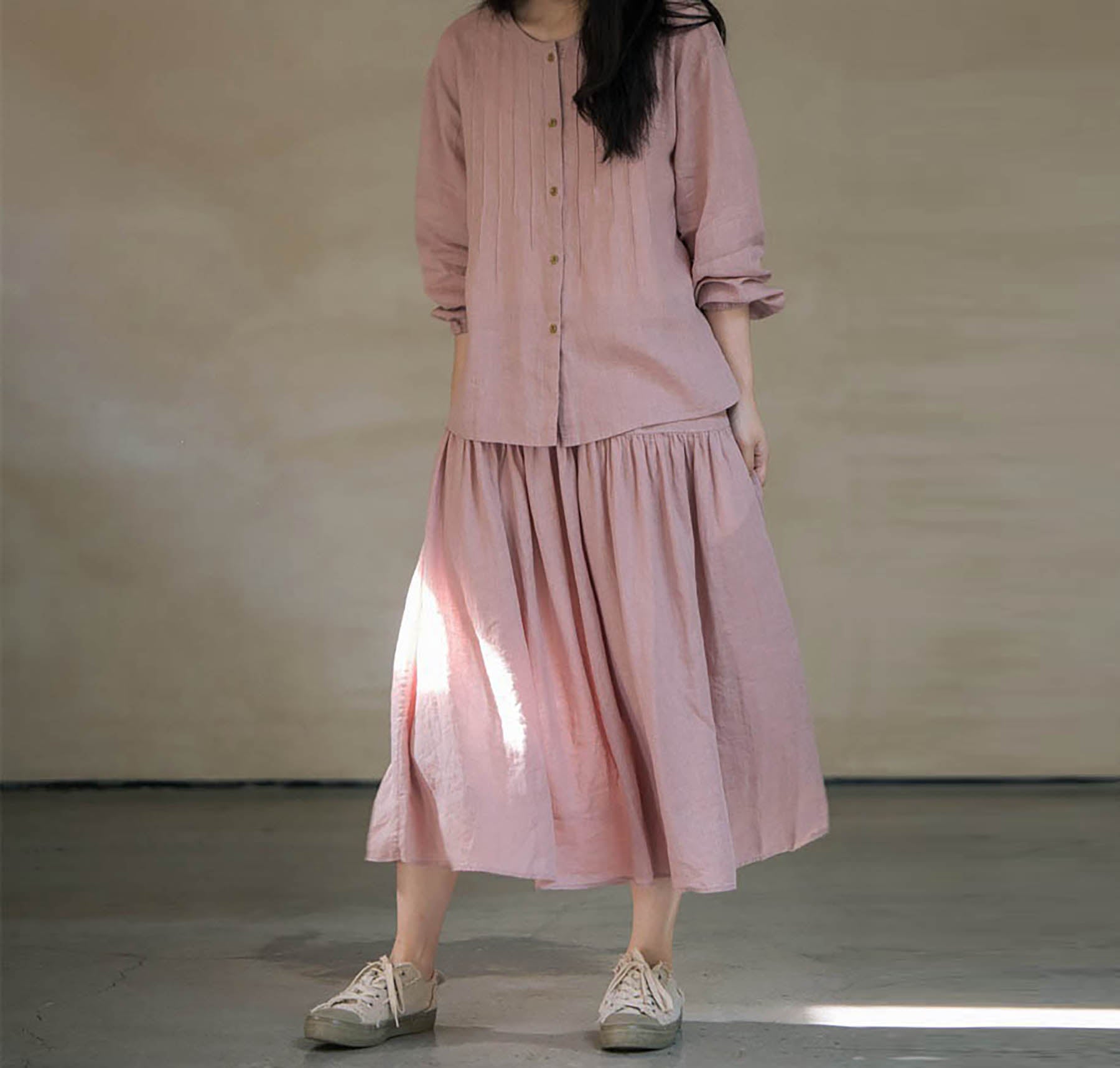 edoa Elastic Waist Linen Tiered Skirt 