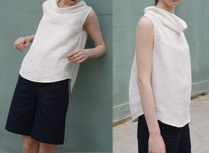 edoa Washed Linen Drape Collar Sleeveless Tunic