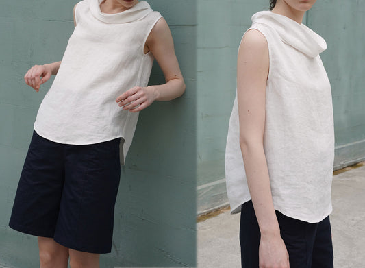 edoa Washed Linen Drape Collar Sleeveless Tunic