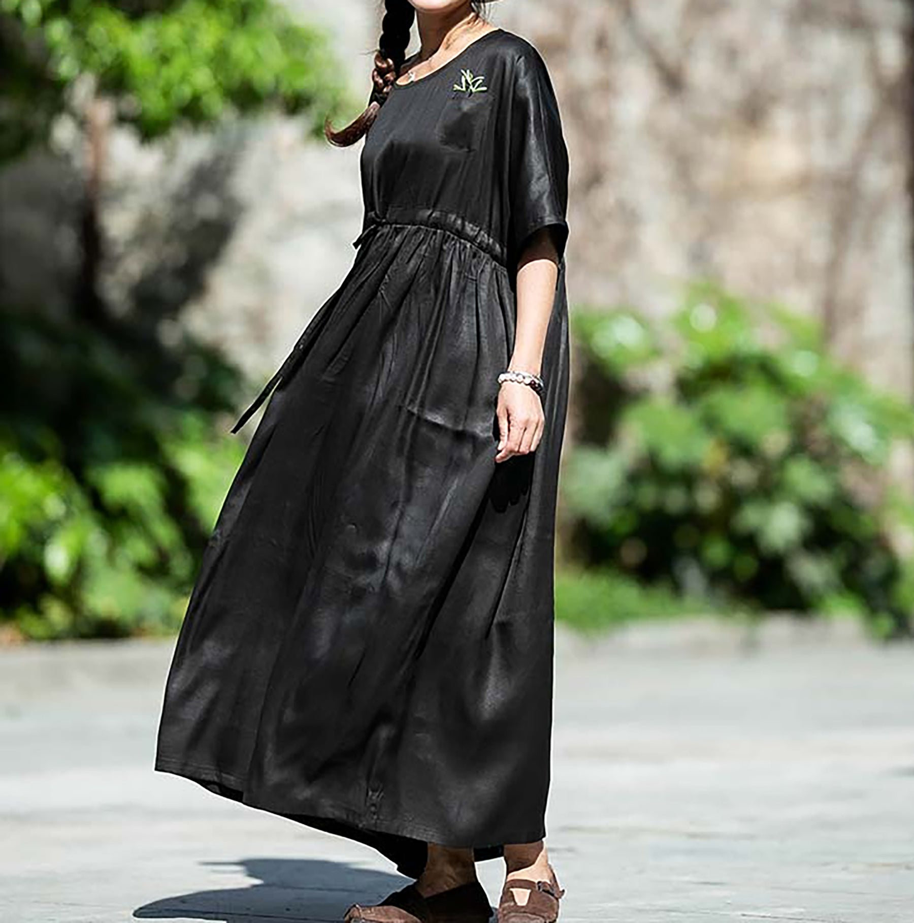 edoa Oversized Mud Silk Charmeuse  Gather Waist Dress