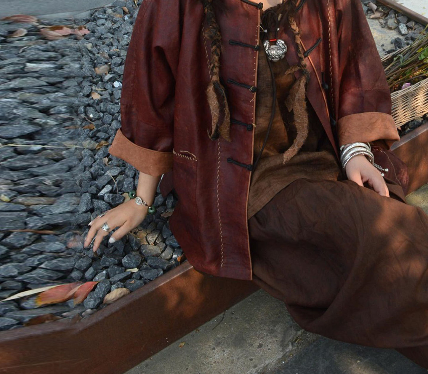 edoa Loose Distressed Mud Silk Chinese Jacket