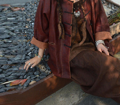 edoa Loose Distressed Mud Silk Chinese Jacket