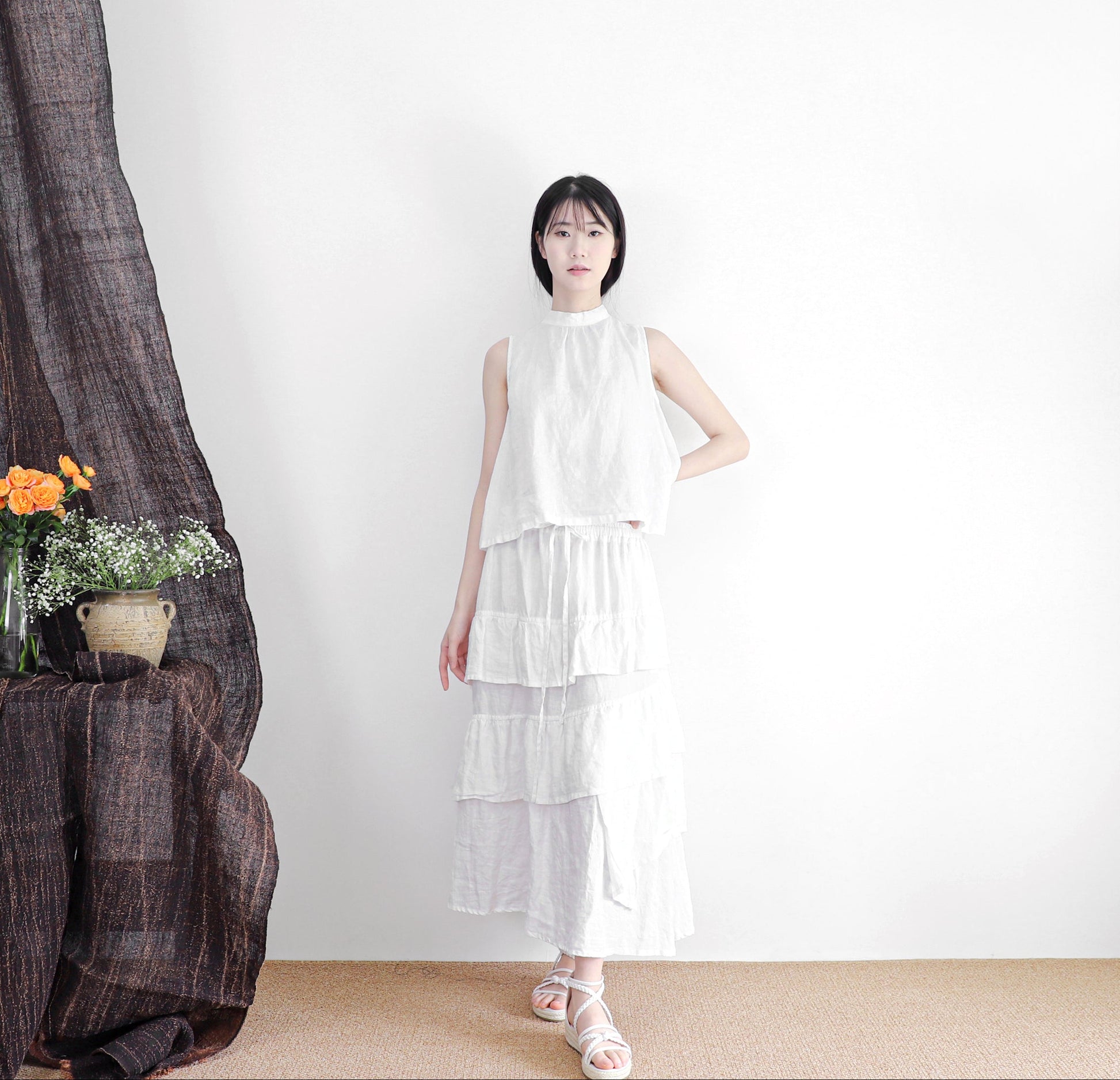 edoa linen tiered white skirt