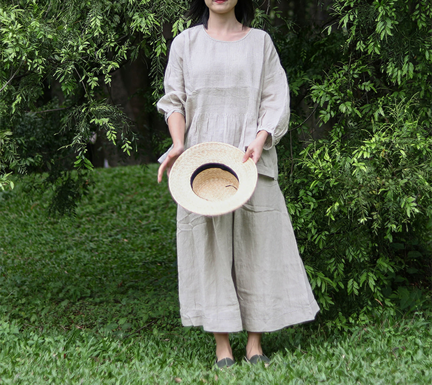 edoa Hand Pintucked Flax Linen Blouse