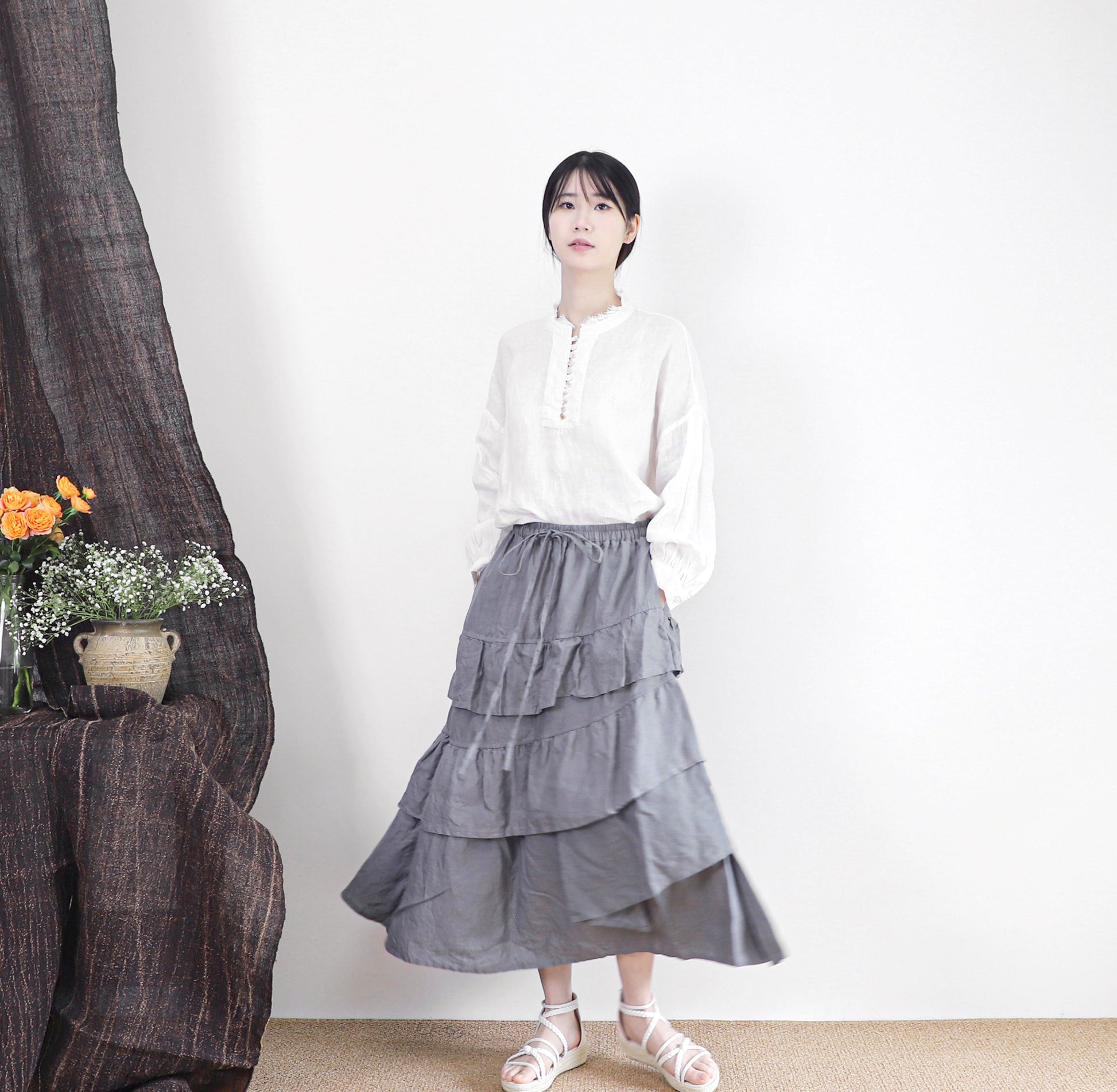 edoa maxi linen tiered skirt