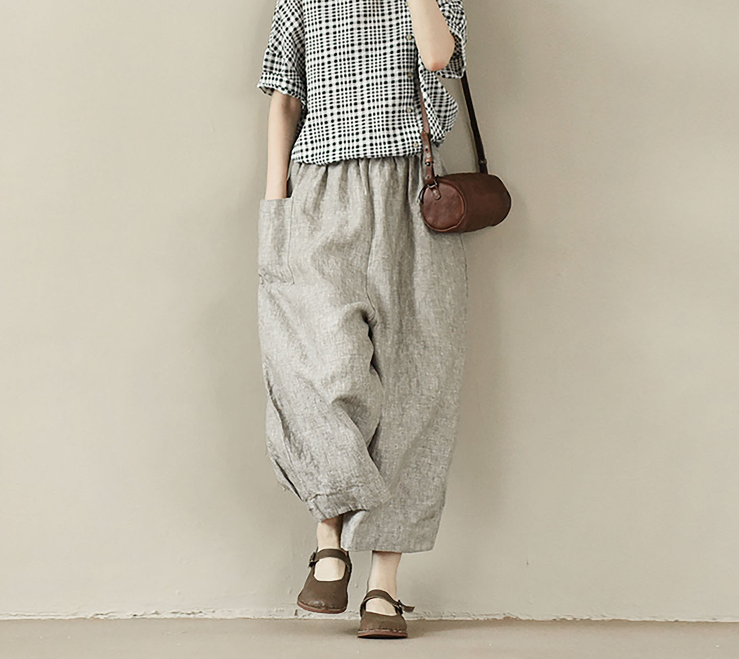 edoa Loose Flax Linen Boyfriend Pants