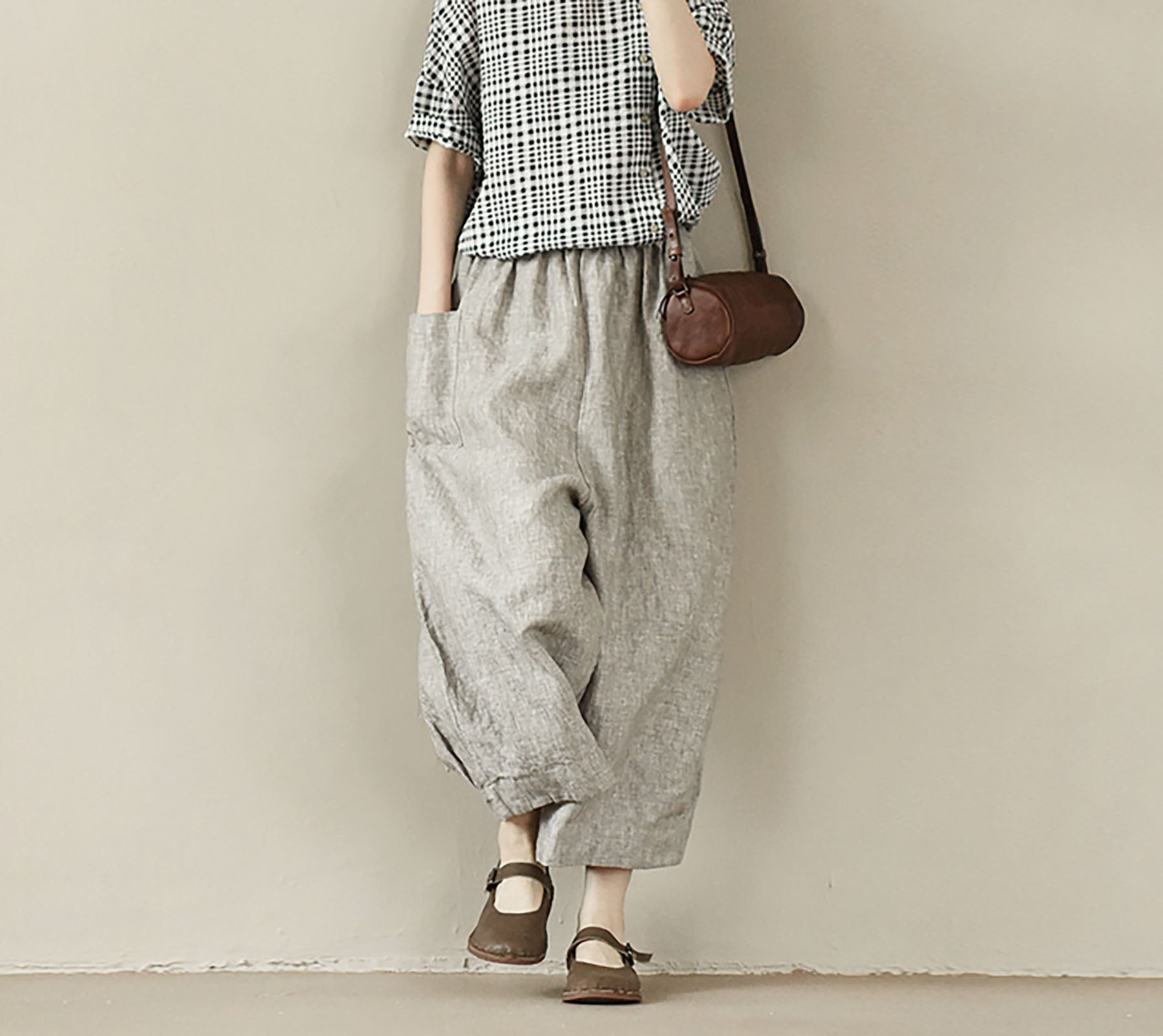 edoa Loose Flax Linen Boyfriend Pants
