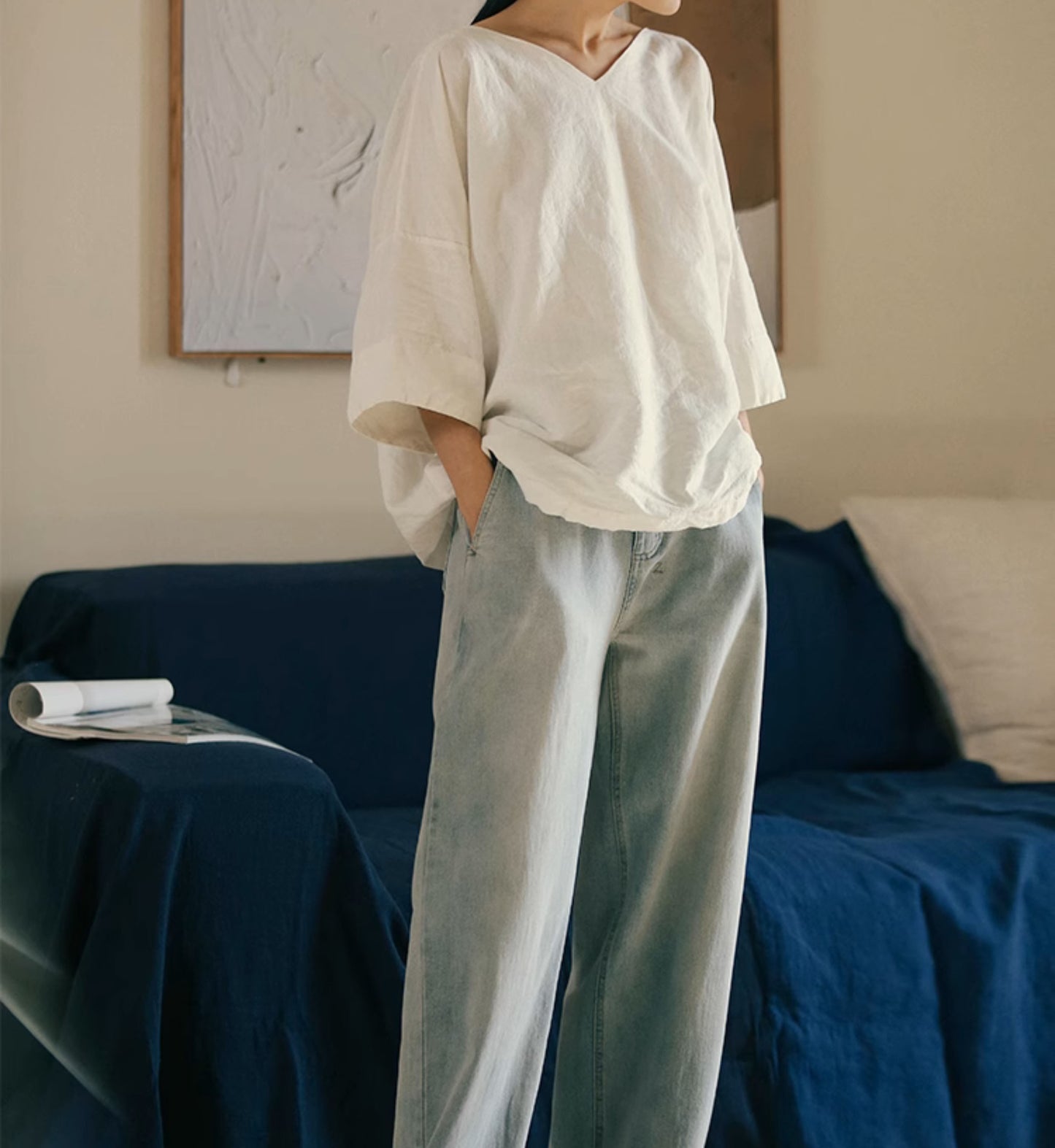 edoa Oversized Linen 3/4 Sleeves Blouse
