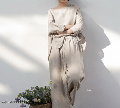 edoa Wide Leg Linen Pants with Drawstring Waist