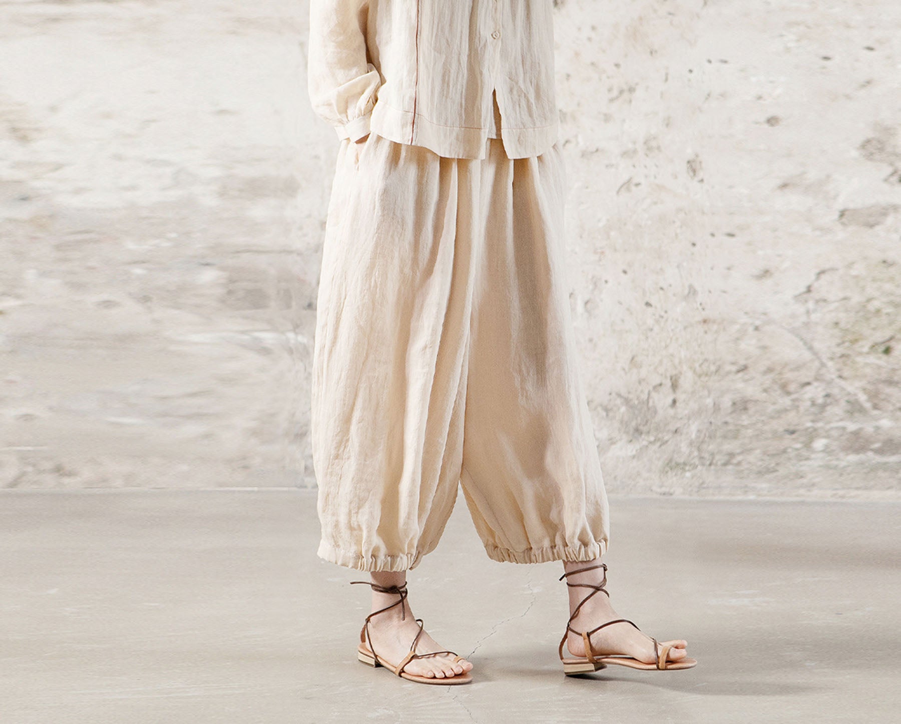 edoa High Counted Ramie Double Layer Lantern Pants