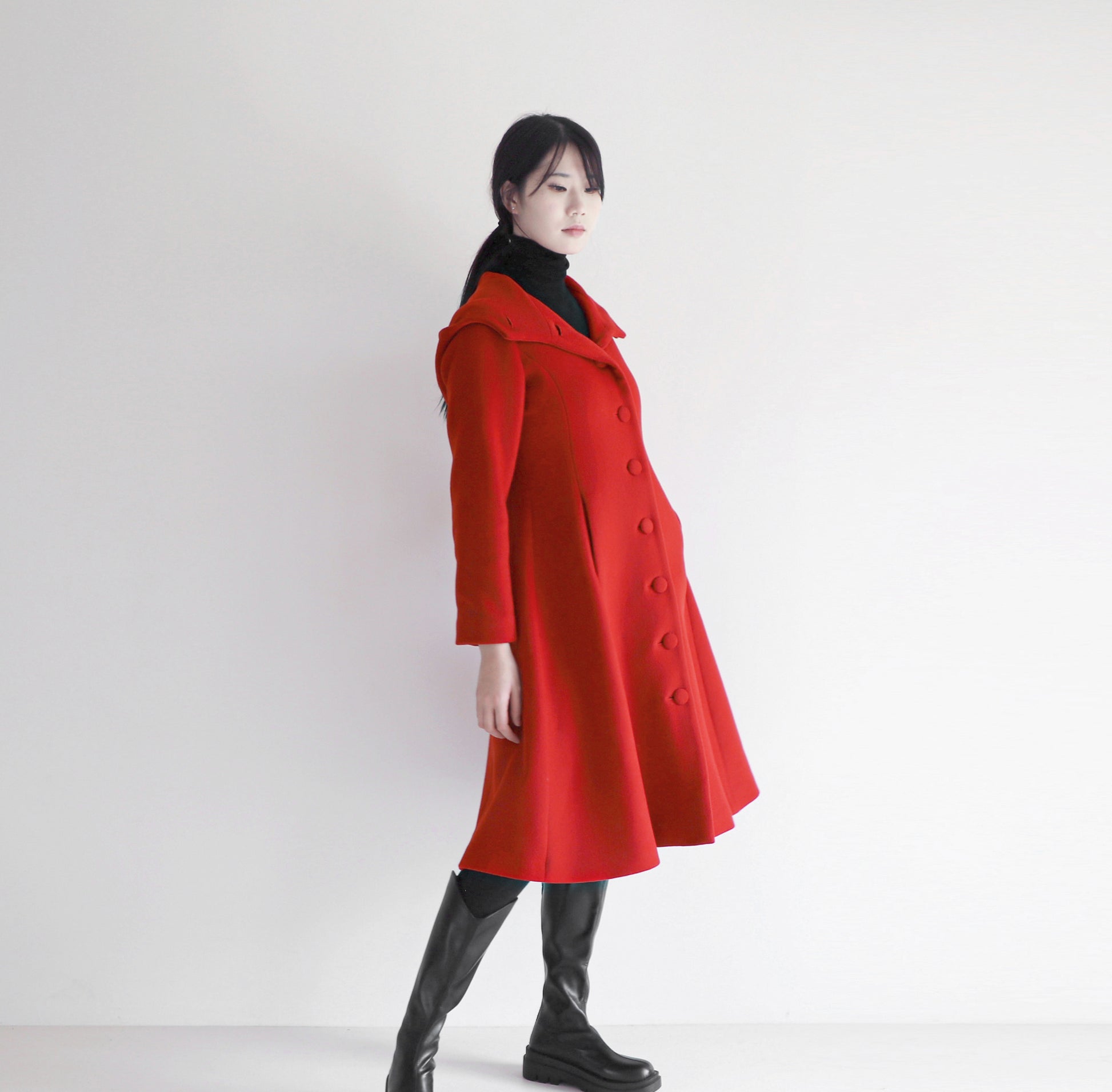 edoa red hooded merino wool coat