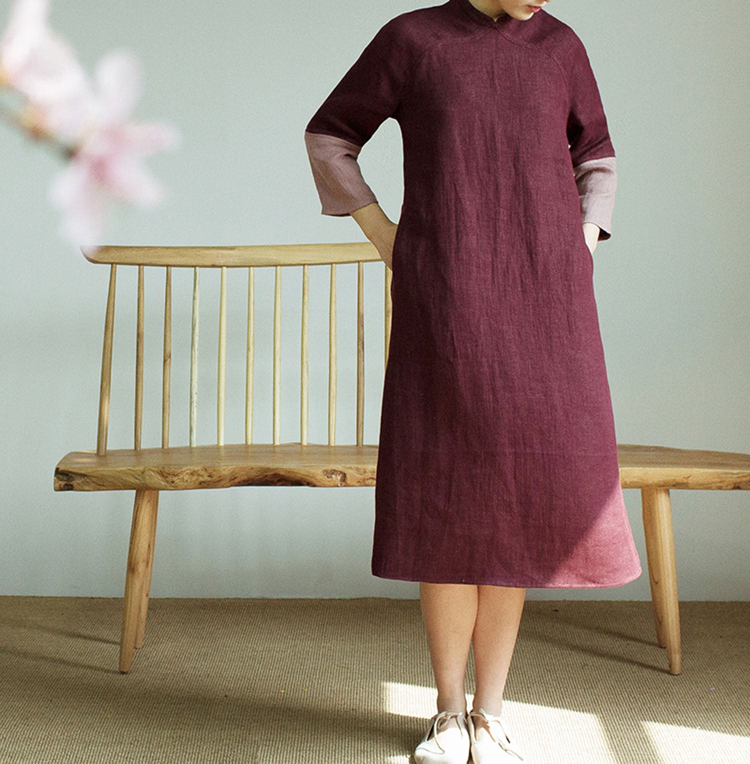 edoa Burgendy Two Tone Linen Modified Qipao