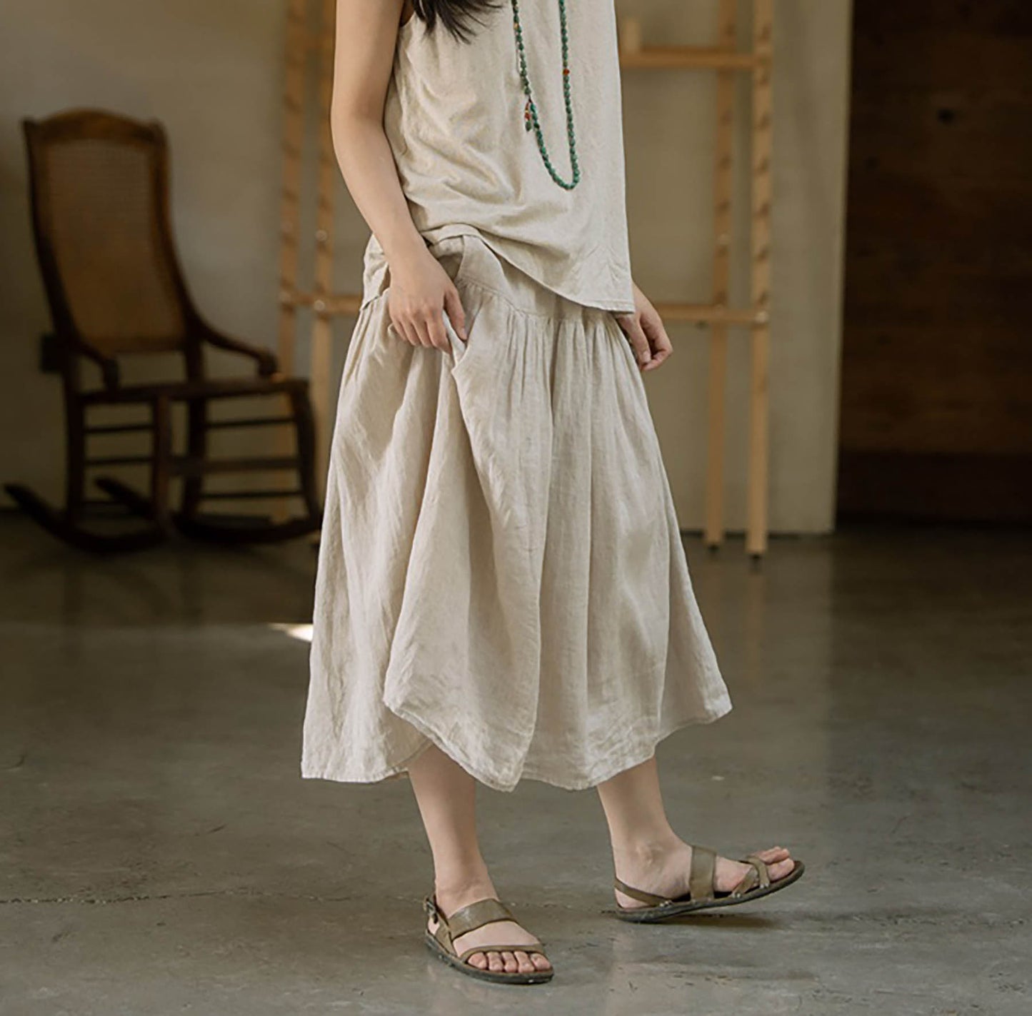 Elastic Waist Linen Tiered Skirt sk0025 O109