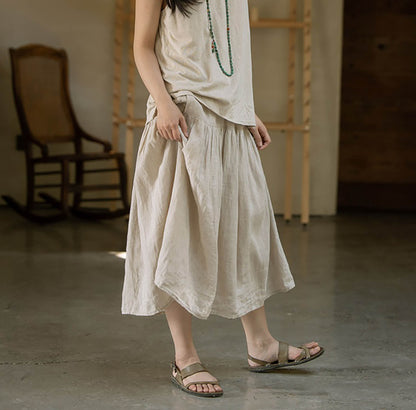 Elastic Waist Linen Tiered Skirt sk0025 O109