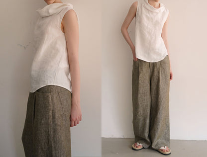 edoa Washed Linen Drape Collar Sleeveless Tunic