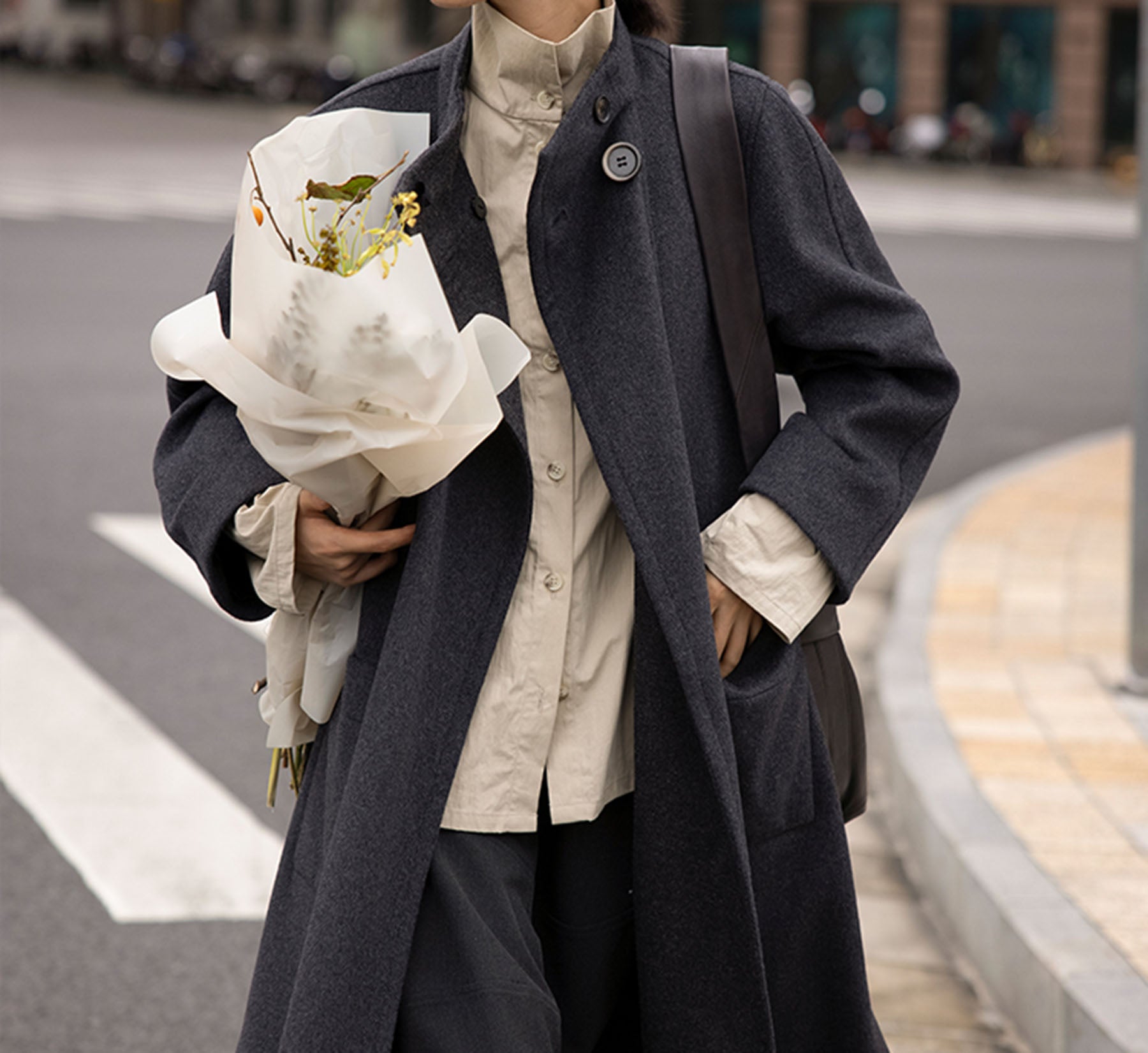 edoa Wool High Neck Collar Trapeze Coat