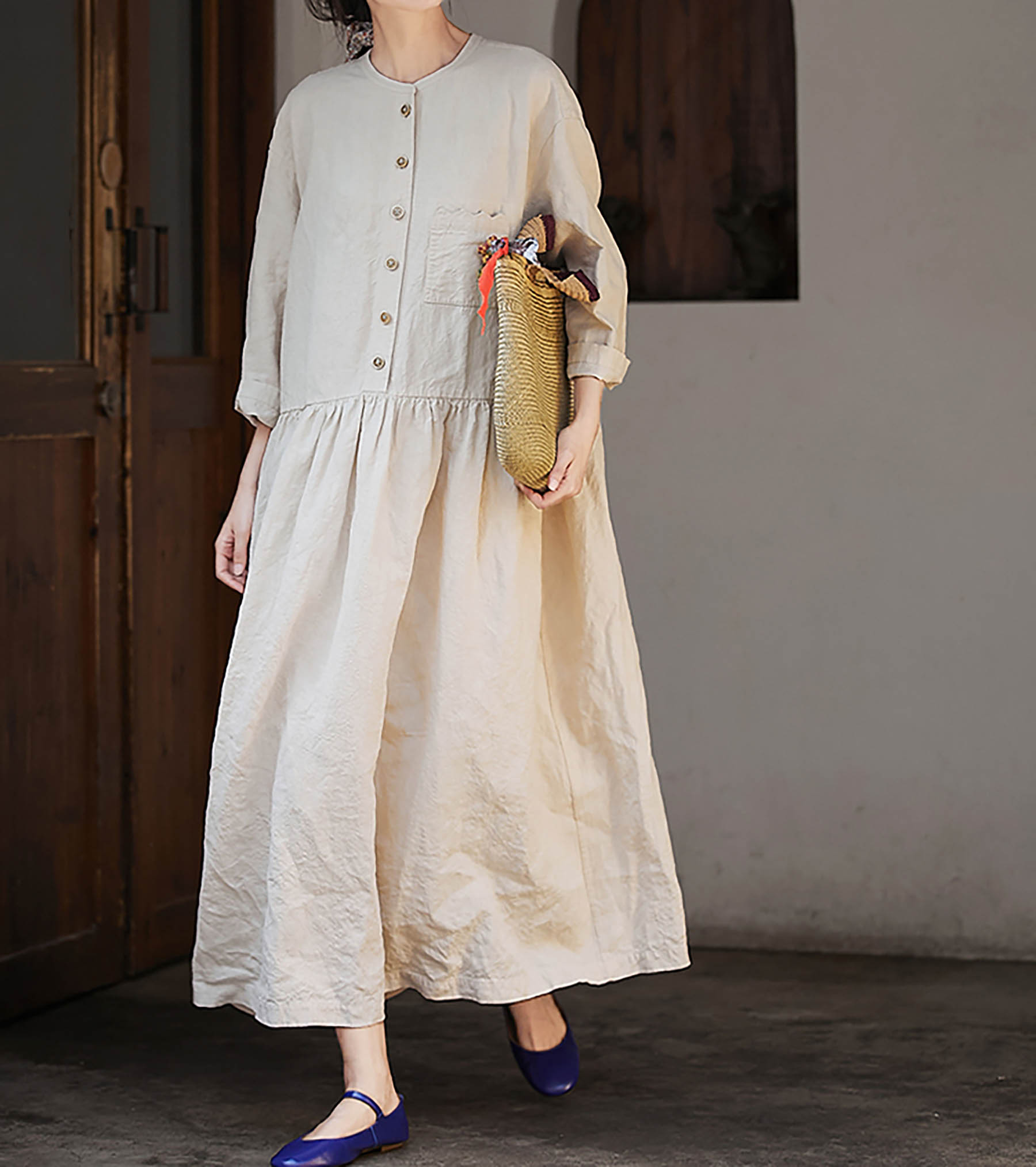 edoa Flax Linen Low-waist Wide Dress