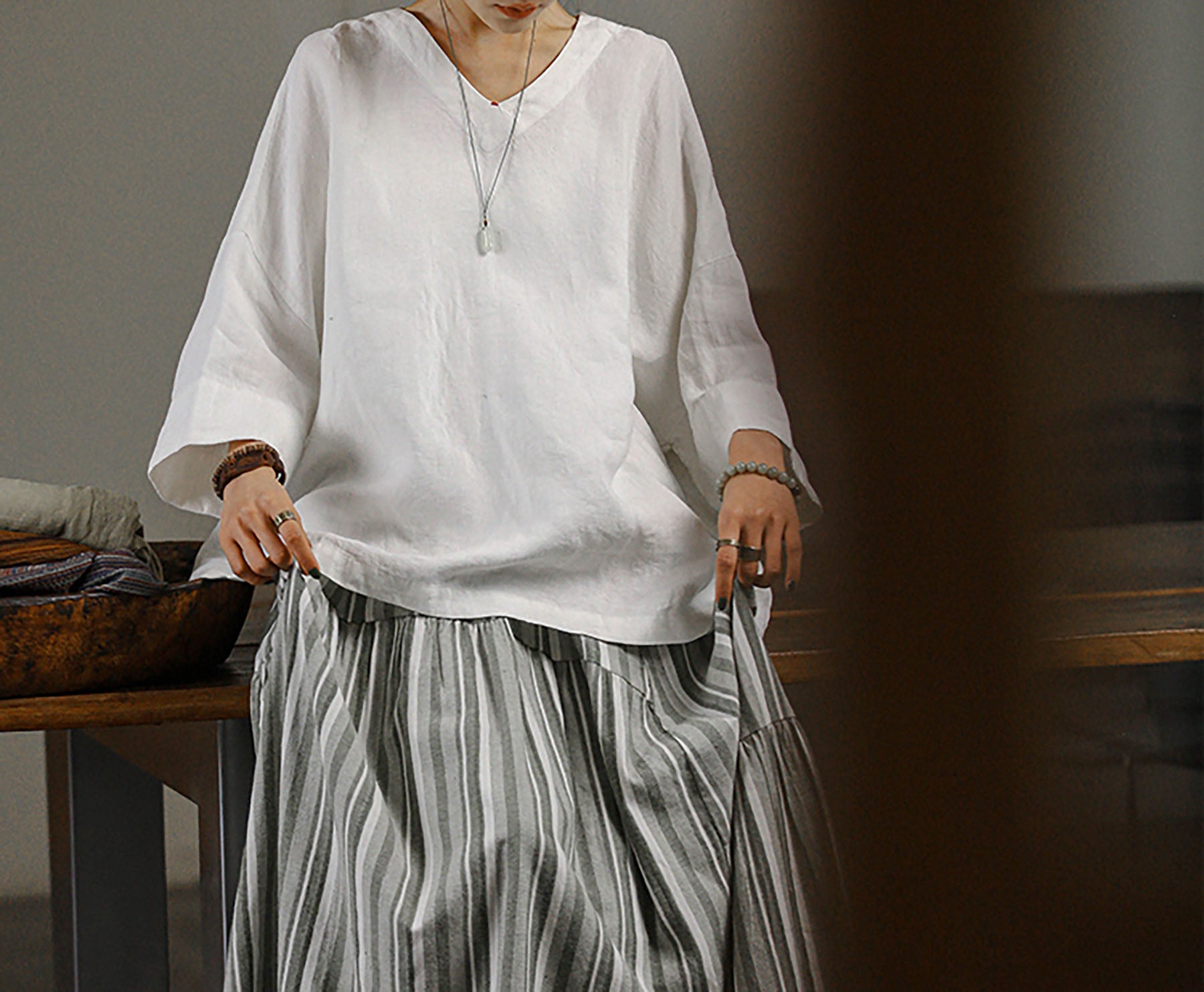 edoa Oversized Linen 3/4 Sleeves Blouse