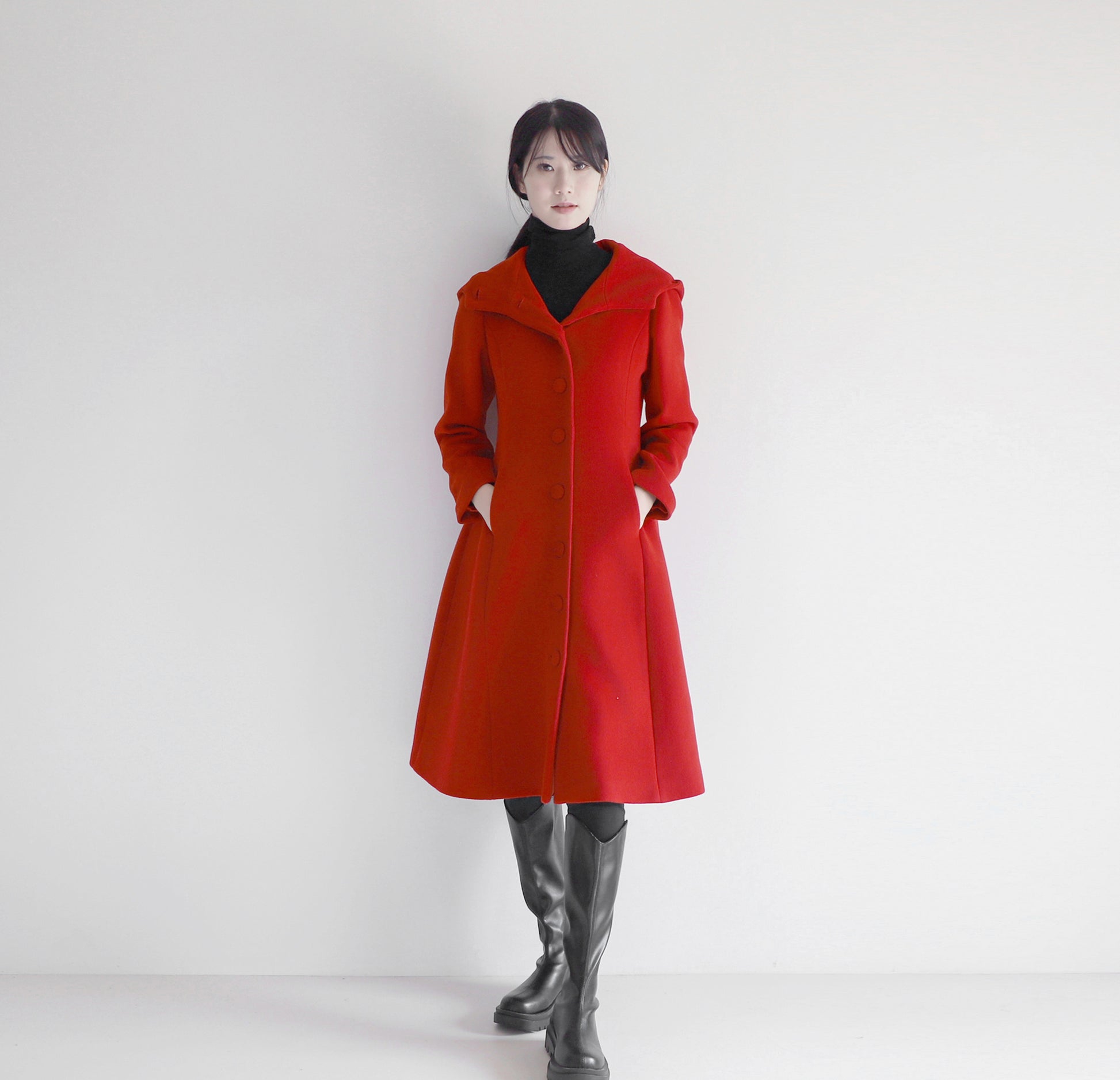 edoa red hooded merino wool coat
