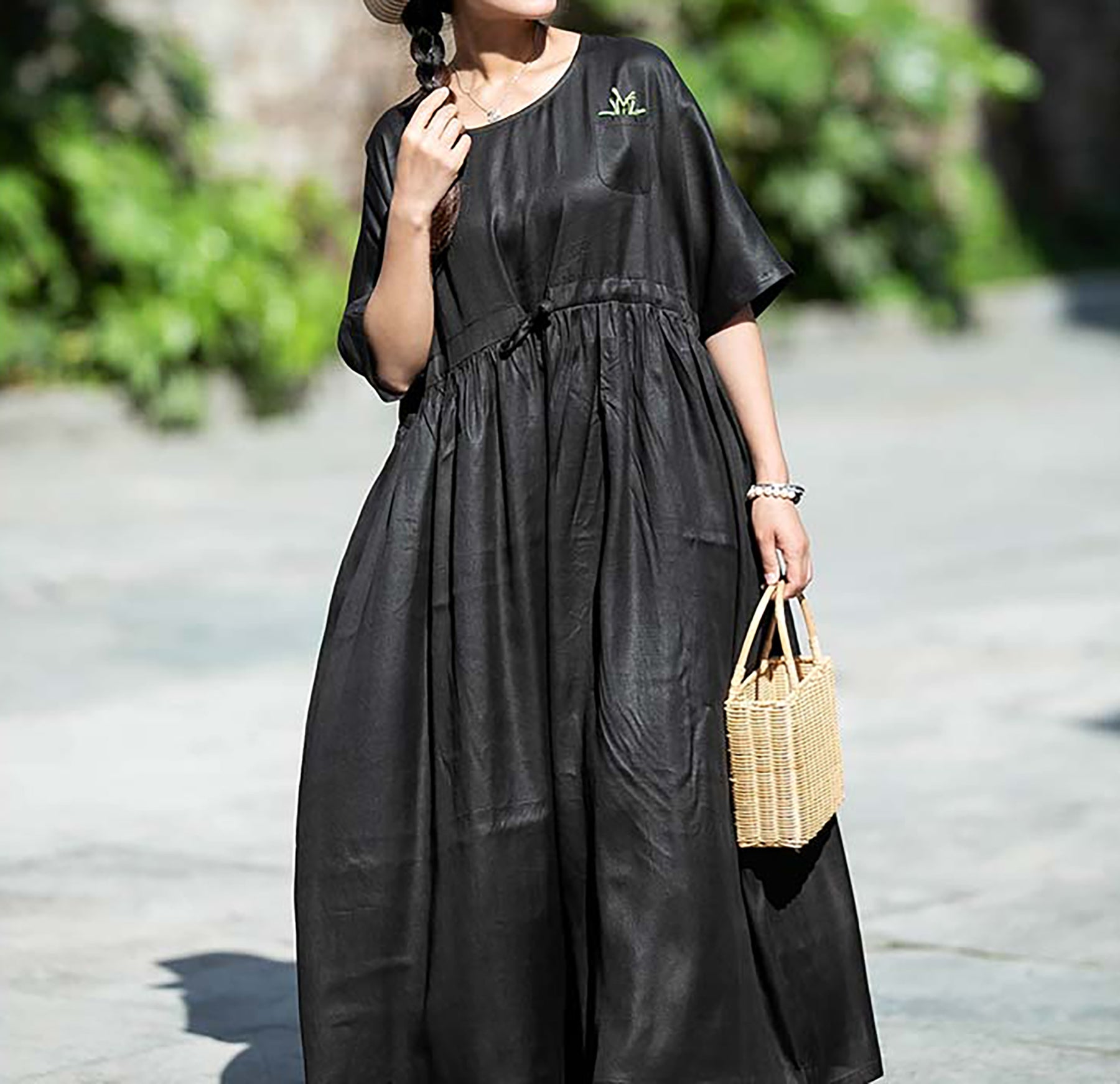 edoa Oversized Mud Silk Charmeuse  Gather Waist Dress