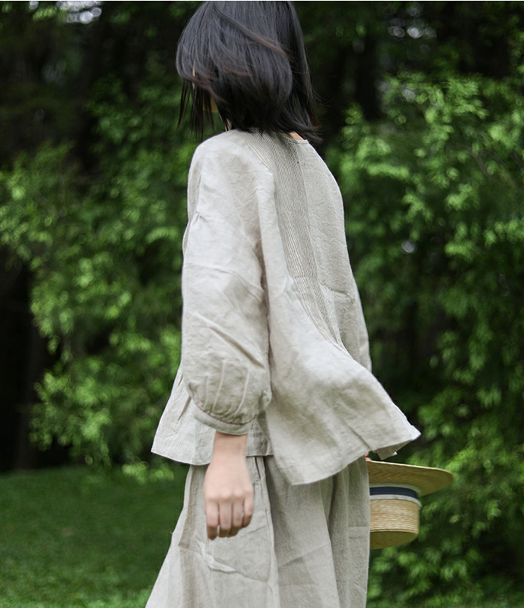 edoa Hand Pintucked Flax Linen Blouse