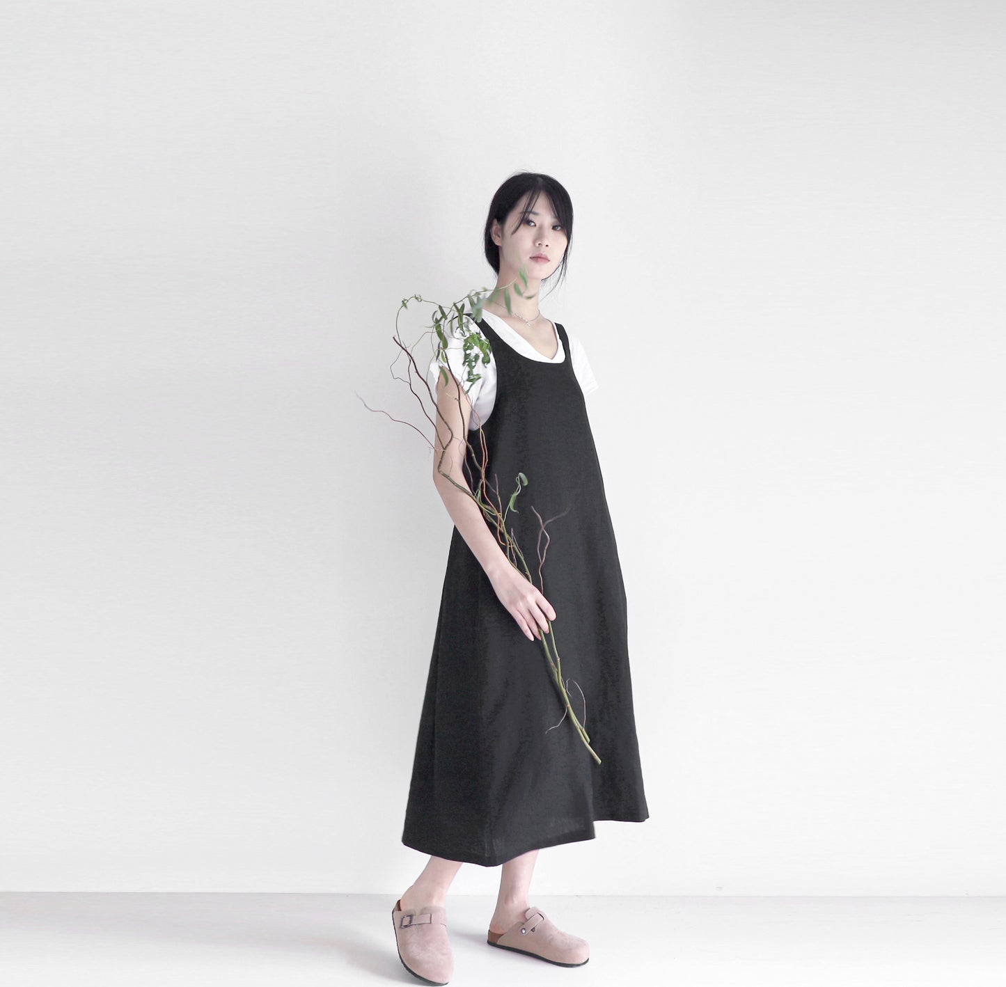 edoa linen pleated overall dress