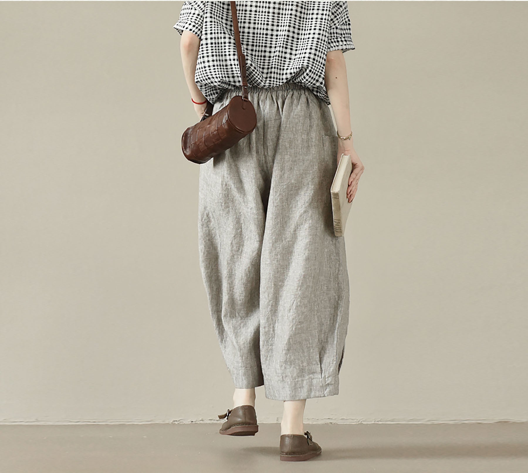 edoa Loose Flax Linen Boyfriend Pants