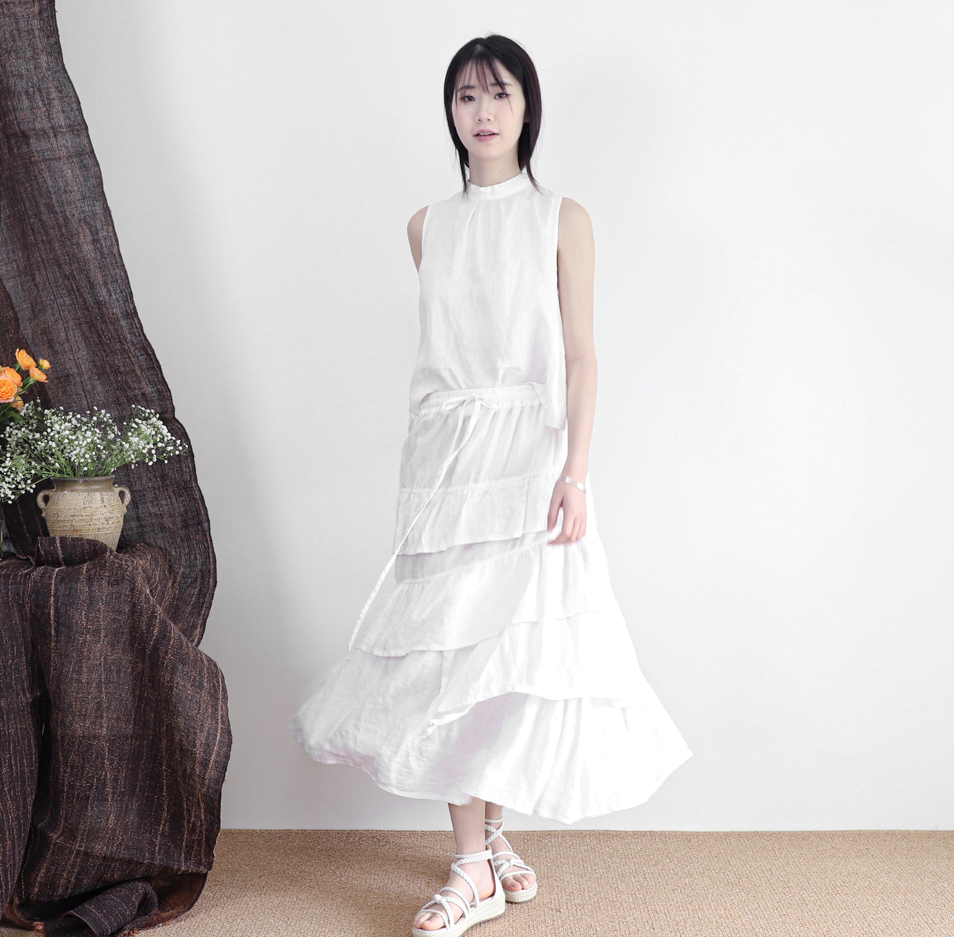 edoa linen tiered white skirt
