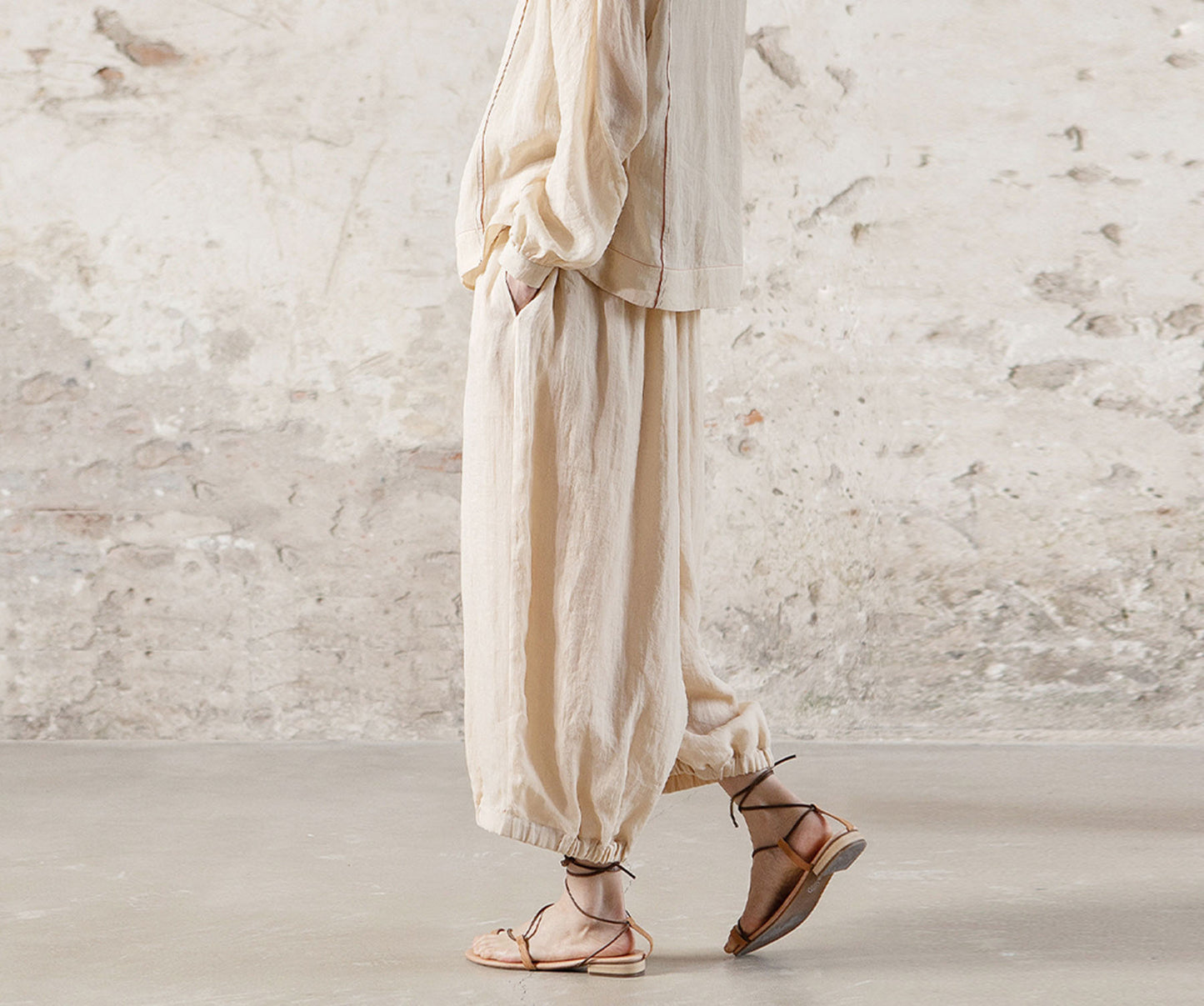 edoa High Counted Ramie Double Layer Lantern Pants