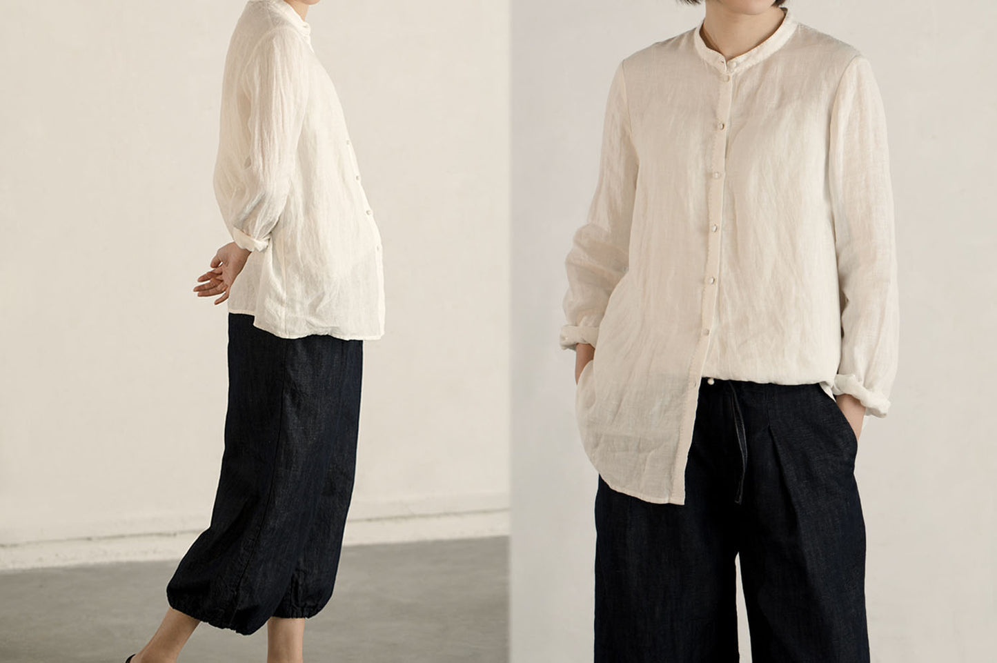 edoa Linen Stand Collar Shirt 