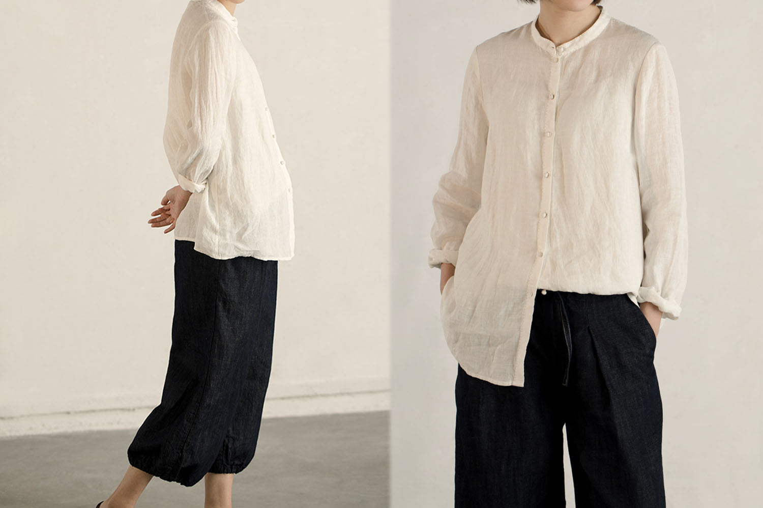 edoa Linen Stand Collar Shirt 