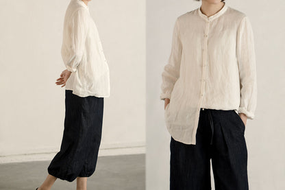 edoa Linen Stand Collar Shirt 