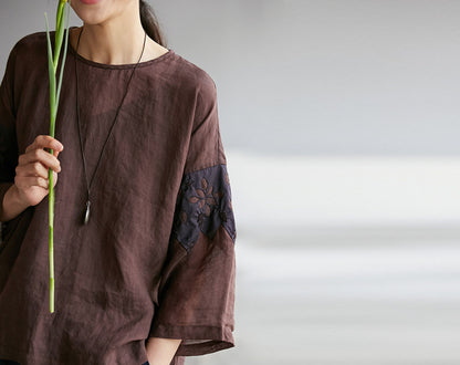 edoa Ramie Tee with Toned Dupioni Hand-sewn Applique'