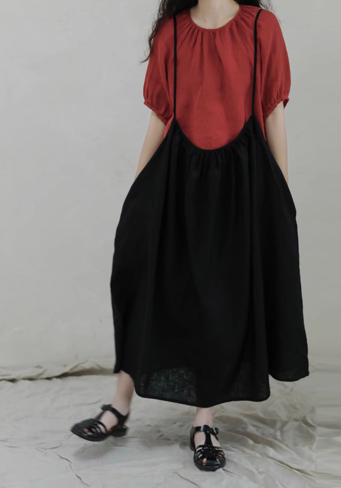 edoa Linen Gathered Overall Dress
