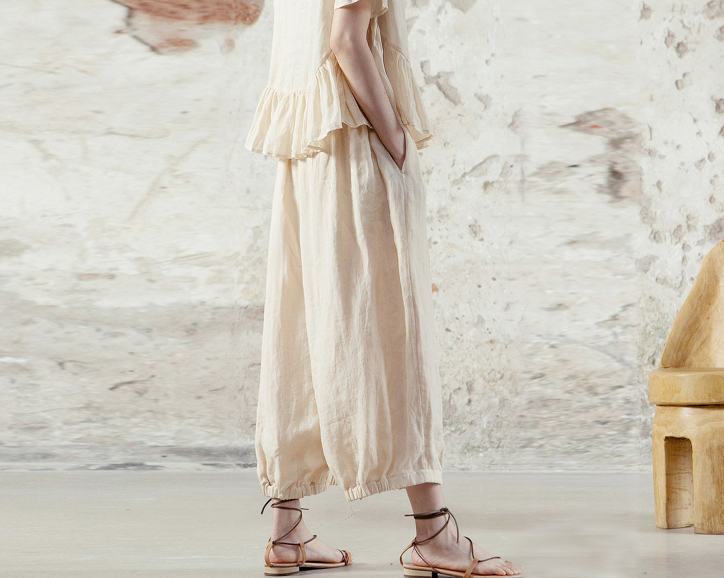 edoa High Counted Ramie Double Layer Lantern Pants