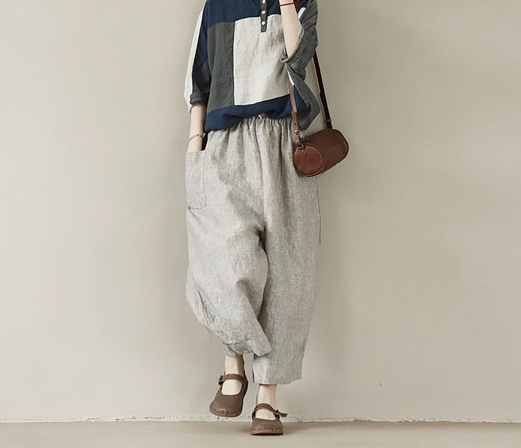 edoa Loose Flax Linen Boyfriend Pants
