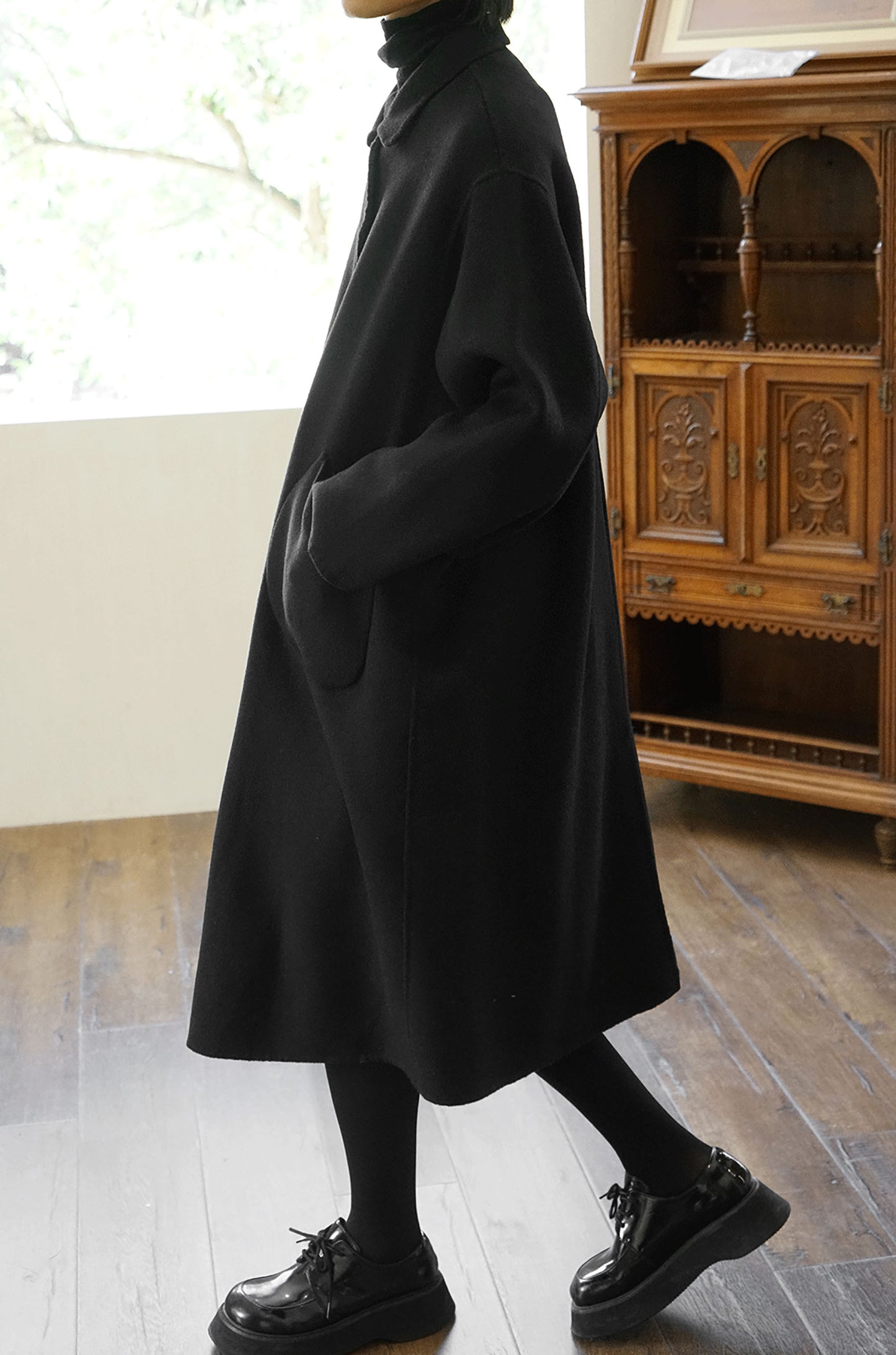 edoa Wool Coat with Crossed Wavy Placket 