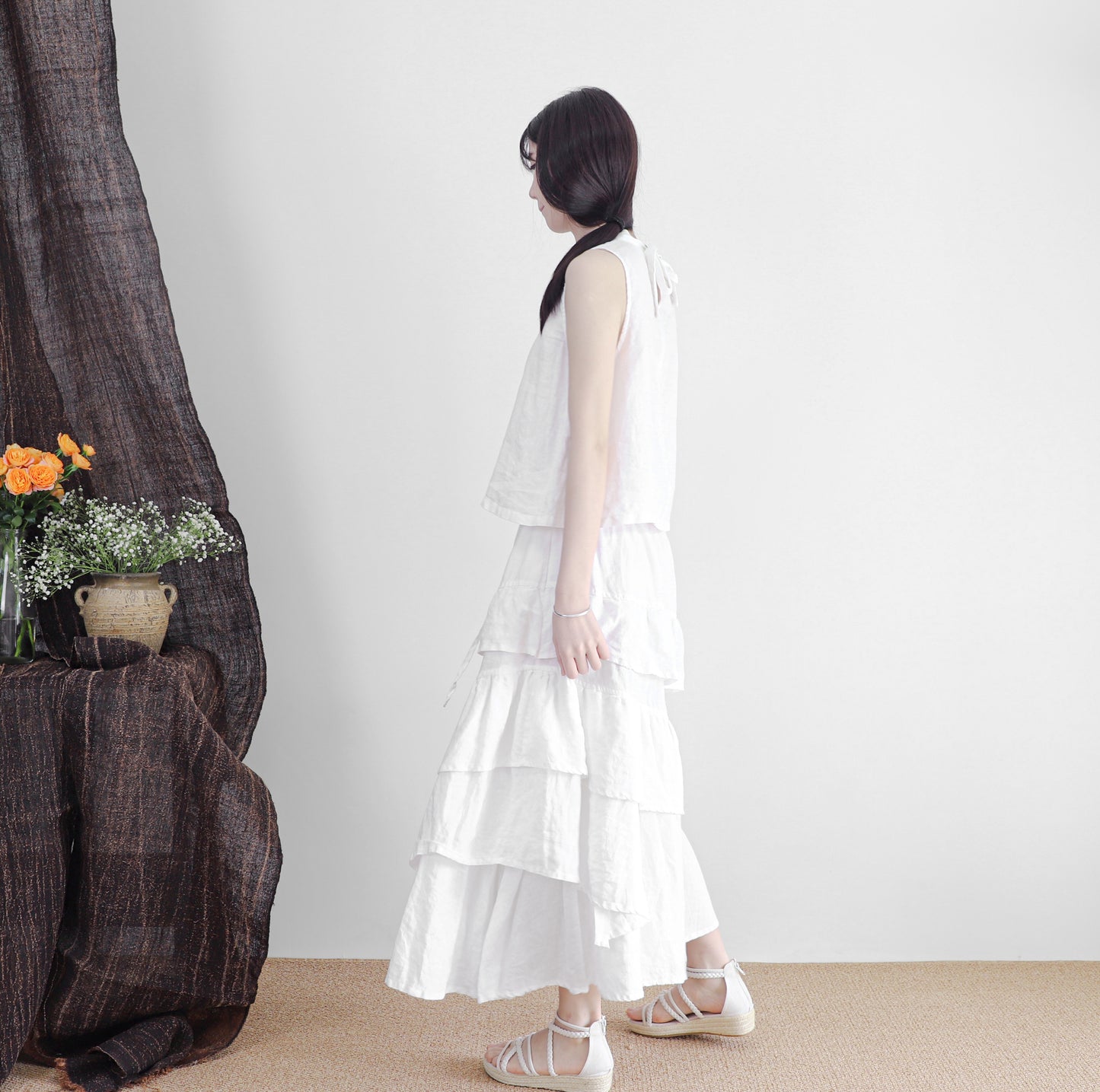edoa linen tiered white skirt