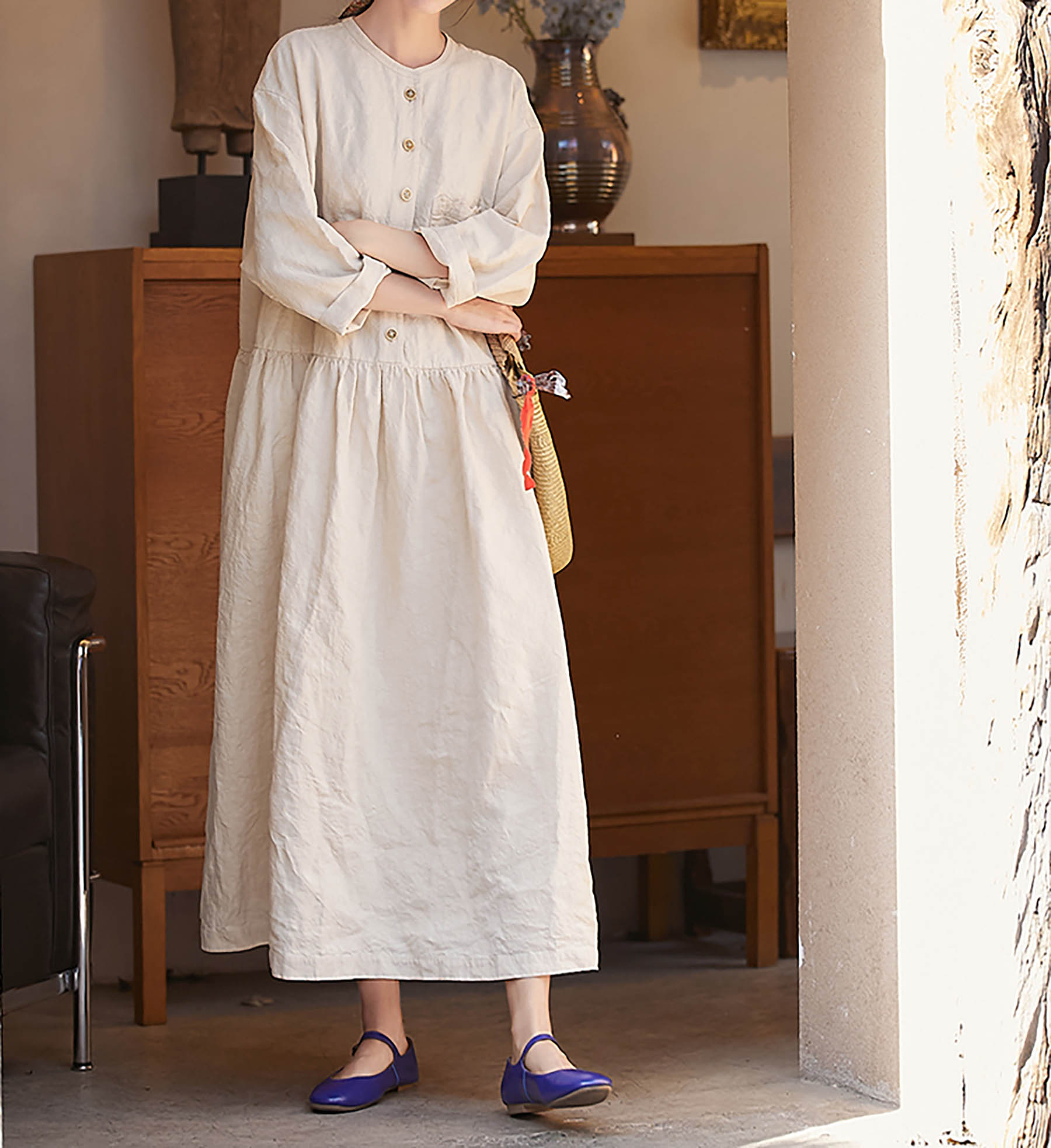 edoa Flax Linen Low-waist Wide Dress