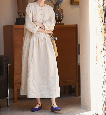 edoa Flax Linen Low-waist Wide Dress