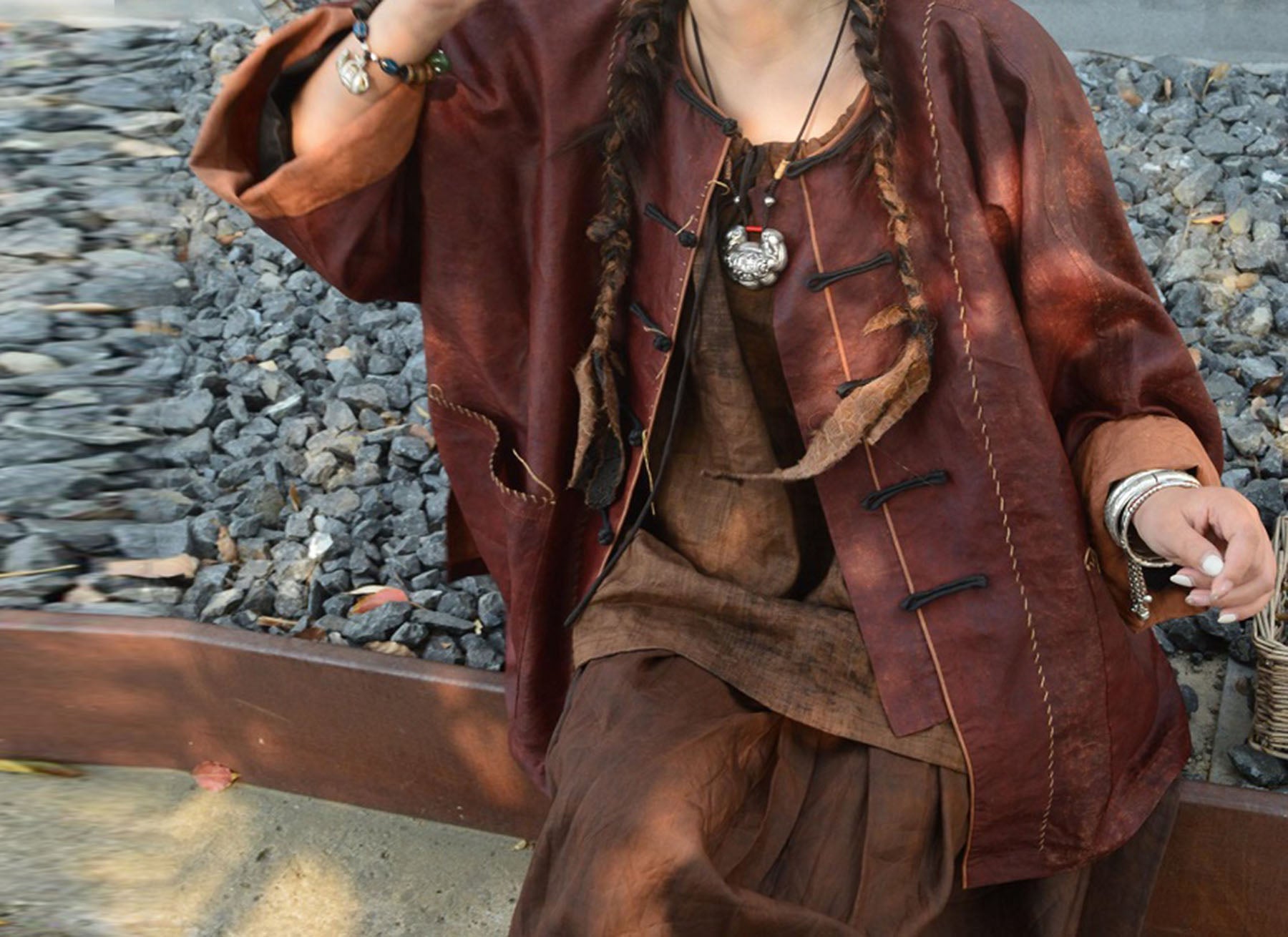 edoa Loose Distressed Mud Silk Chinese Jacket