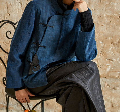 edoa Cracked Mud Silk Short Cheongsam with Ruyi Appliqué