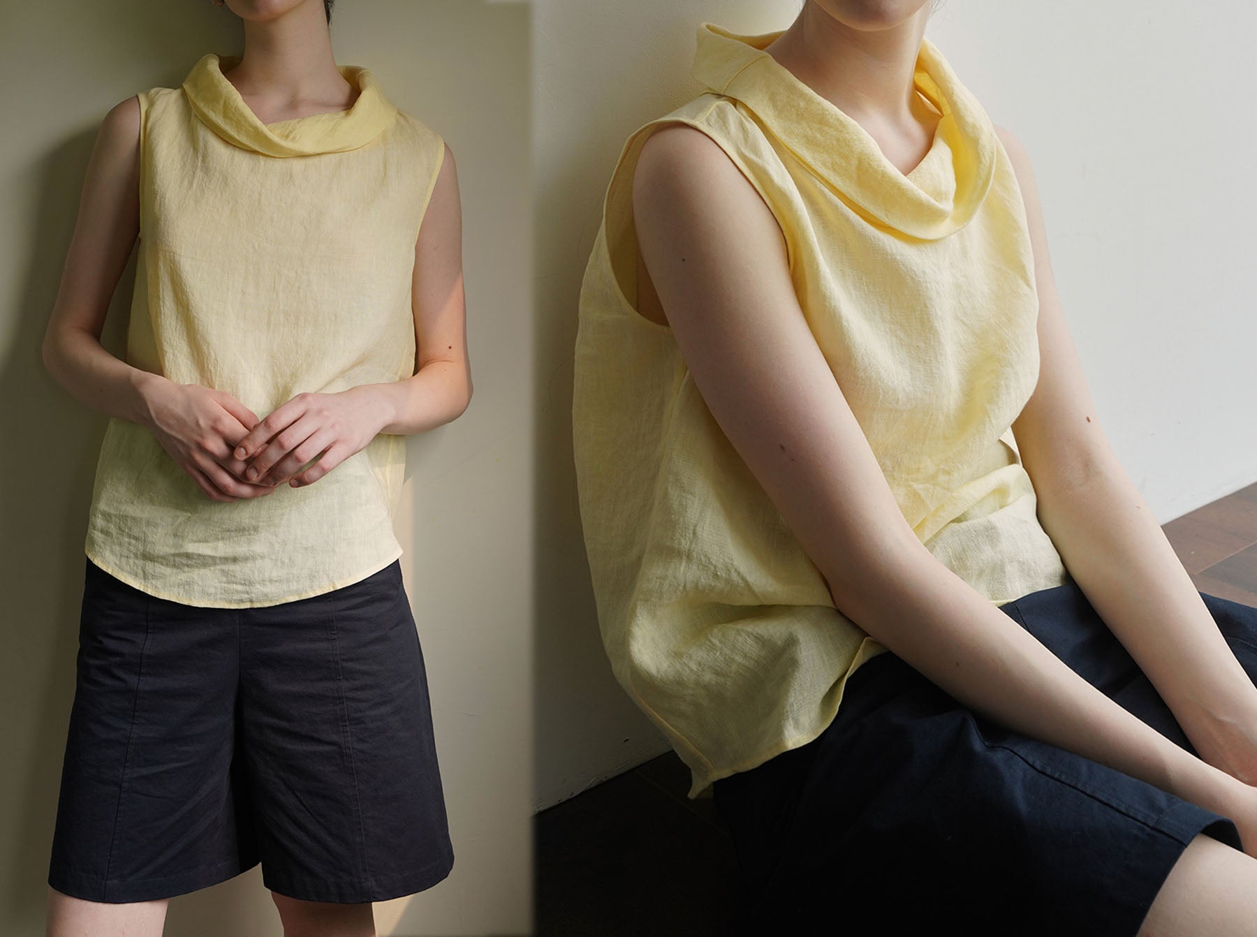 edoa Washed Linen Drape Collar Sleeveless Tunic