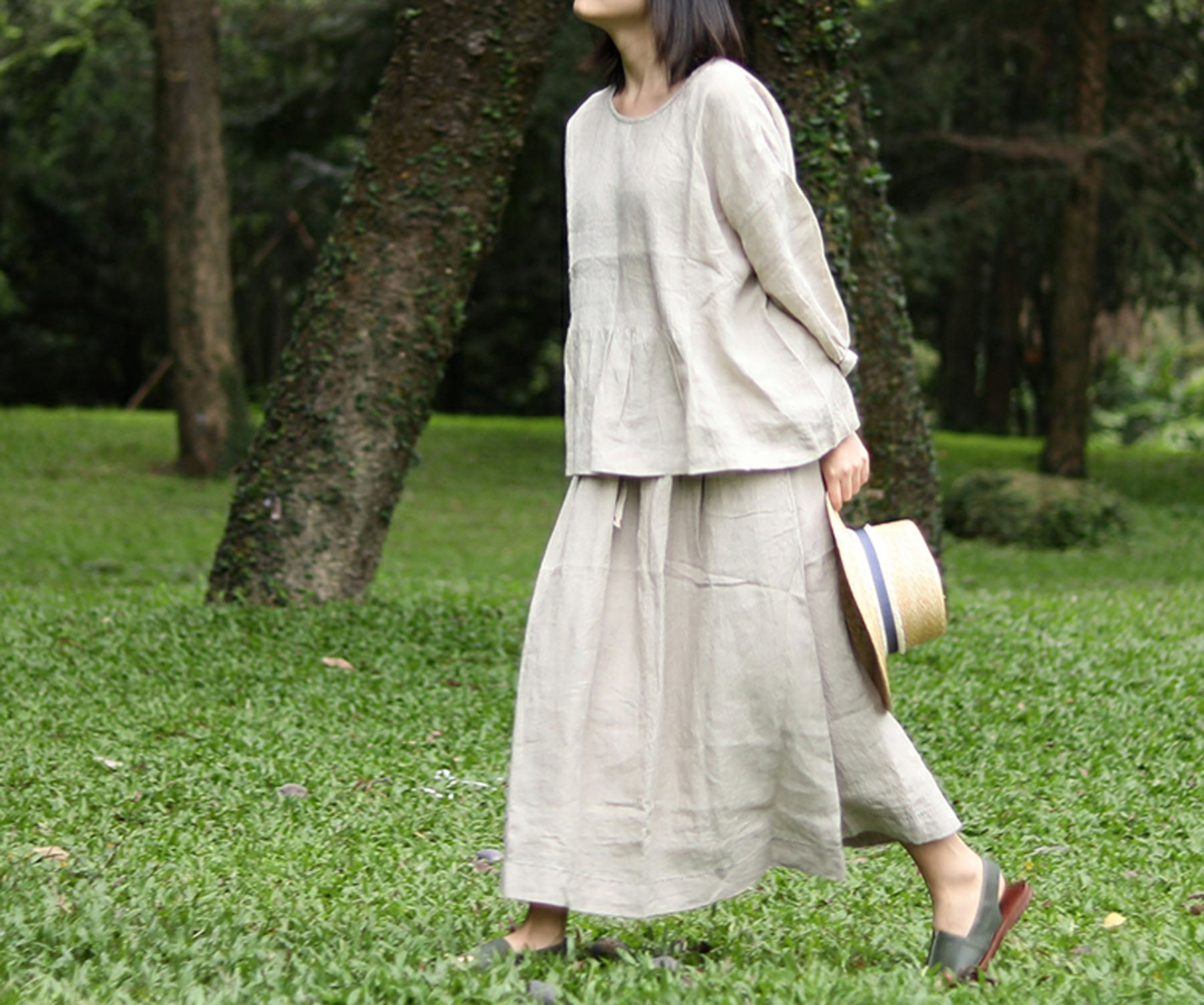 edoa Hand Pintucked Flax Linen Blouse